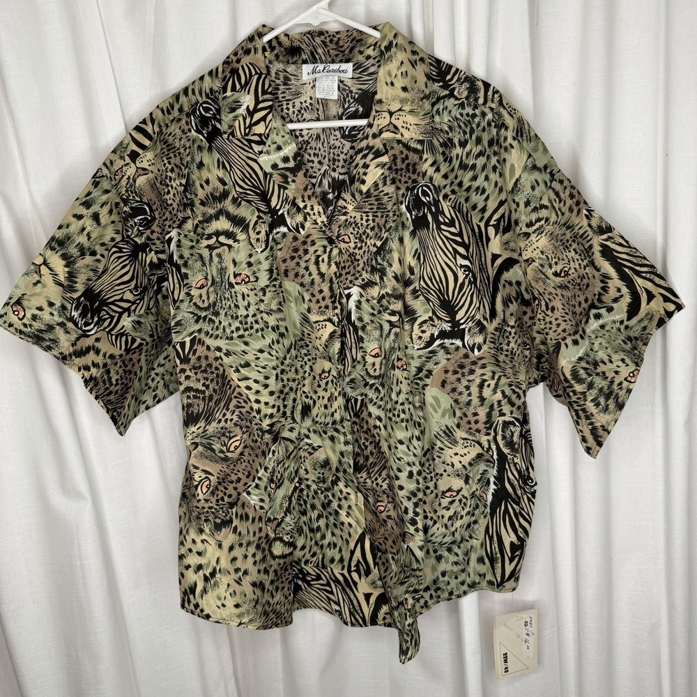 NWT VTG Ms Caribou Safari Animal Print Women Button Down Shirt Made In USA 22/42